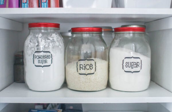 vintage jars in pantry with labels 