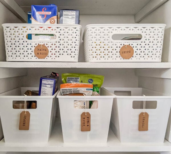 organizing a small pantry with bins and baskets