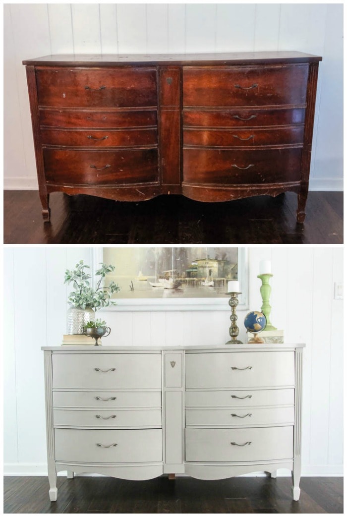 before photo of scratched cherry dresser and after photo of same dresser painted greige.