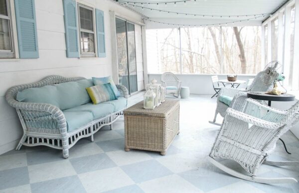 porch with painted checkerboard floor