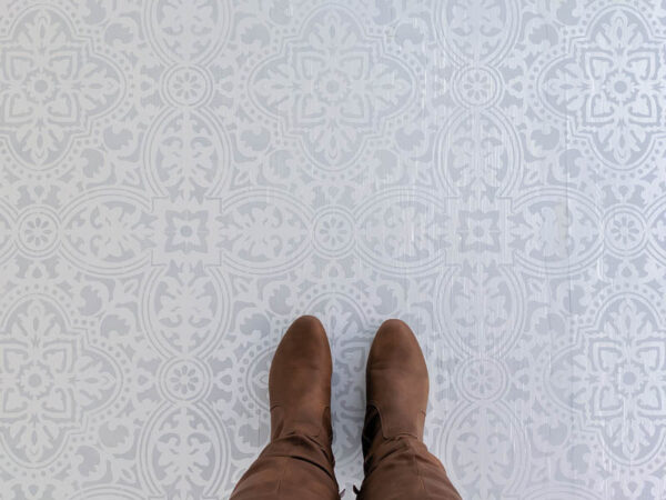 stenciled wood floor in gray 