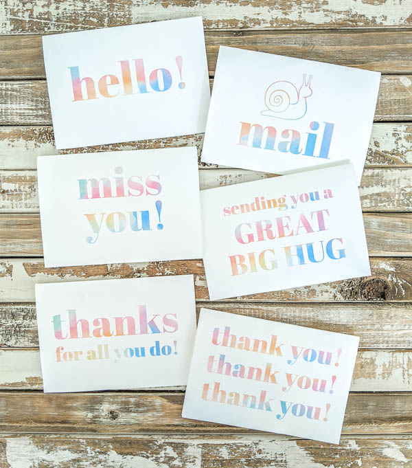 printable cards - hello, snail mail, miss you, sending you a great big hug, thanks for all you, thank you