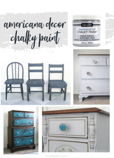 jar of Americana Decor chalky finish paint plus four pieces of furniture painted with chalky finish paint