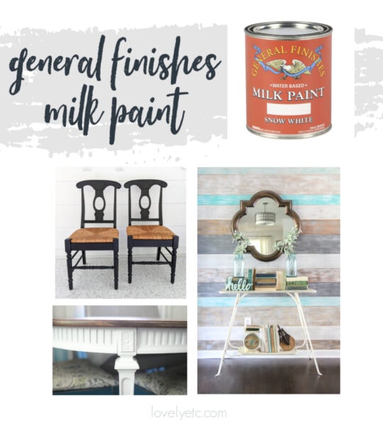 can of general finishes milk paint plus several furniture pieces painted with it