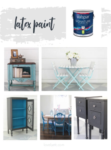 can of latex paint along with five pieces of furniture painted with latex paint
