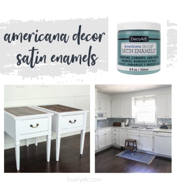 jar of americana decor satin enamels paint along with kitchen cabinets and a set of tables painted with satin enamels pure white paint