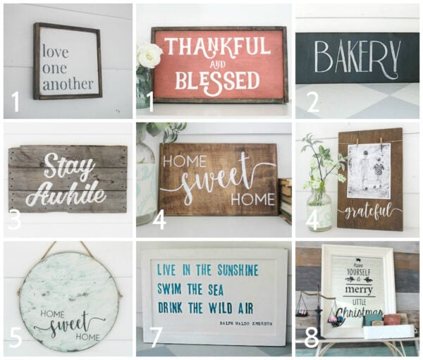 9 diy signs of all different styles including framed wood signs, wood plank signs, cabinet door signs, mirror sings, and round signs