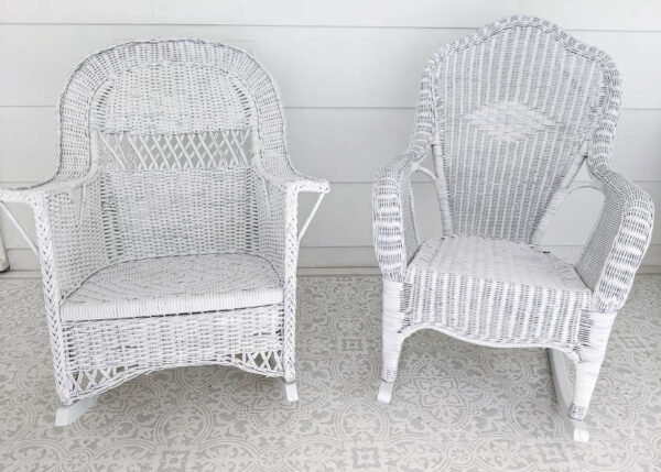 2 white wicker rocking chairs after being painted with spray paint