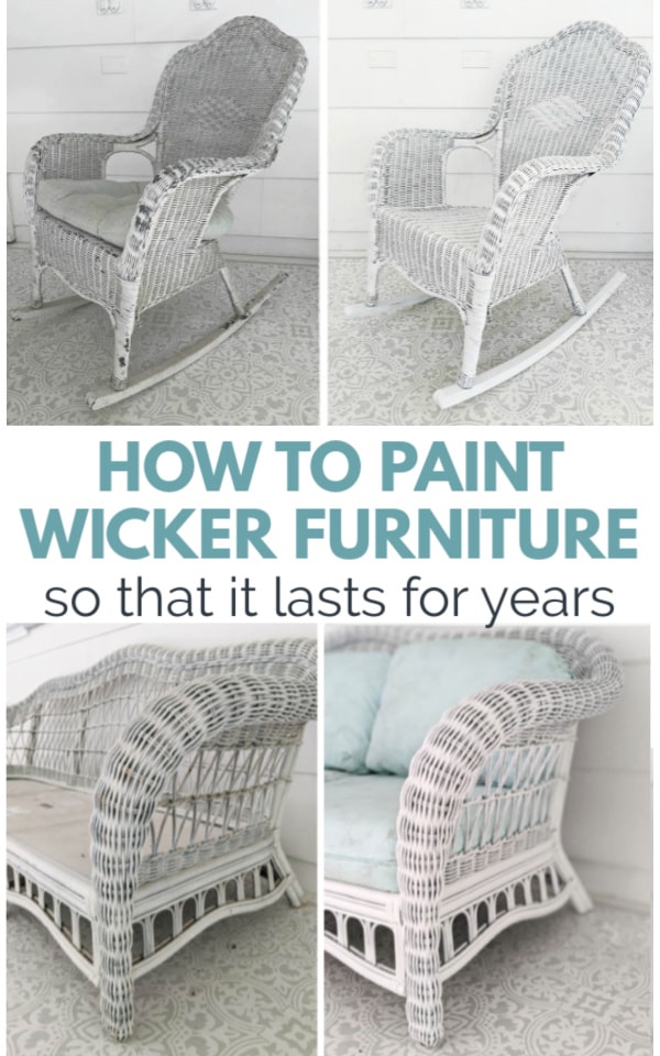 before and after photo of painted wicker furniture with text overlay