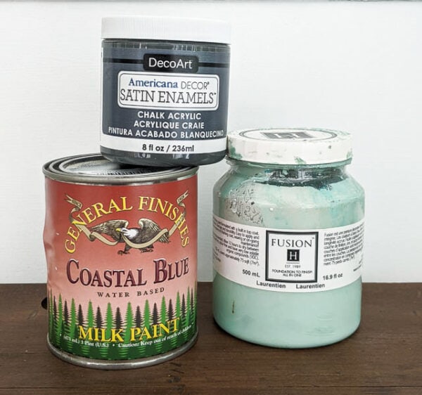 three self-sealing furniture paints: general finishes milk paint, fusion mineral paint, and americana decor satin enamels