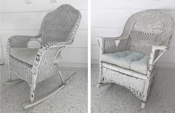 two white wicker rocking chairs with scuffed, peeling paint