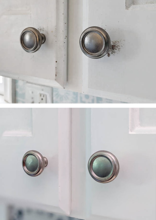 chipped white cabinets before and after touch-up paint