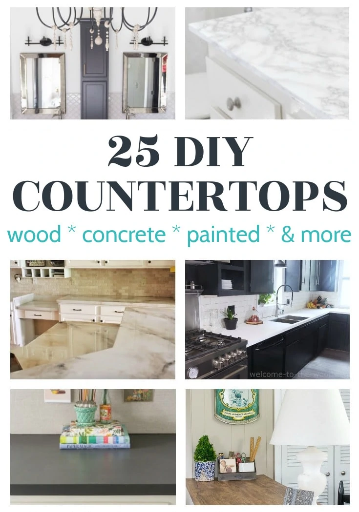 collage of six different diy countertops in kitchens