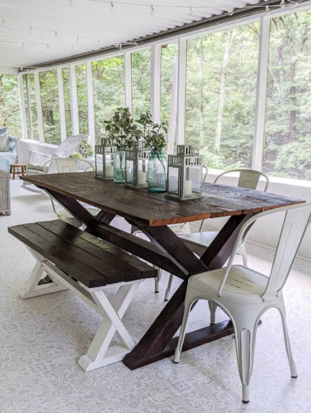 diy wooden x leg table and diy wooden bench on porch