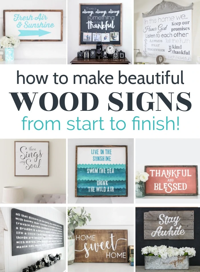collage of 9 diy wood signs including framed signs, black and white signs, colorful signs, and plank wood signs