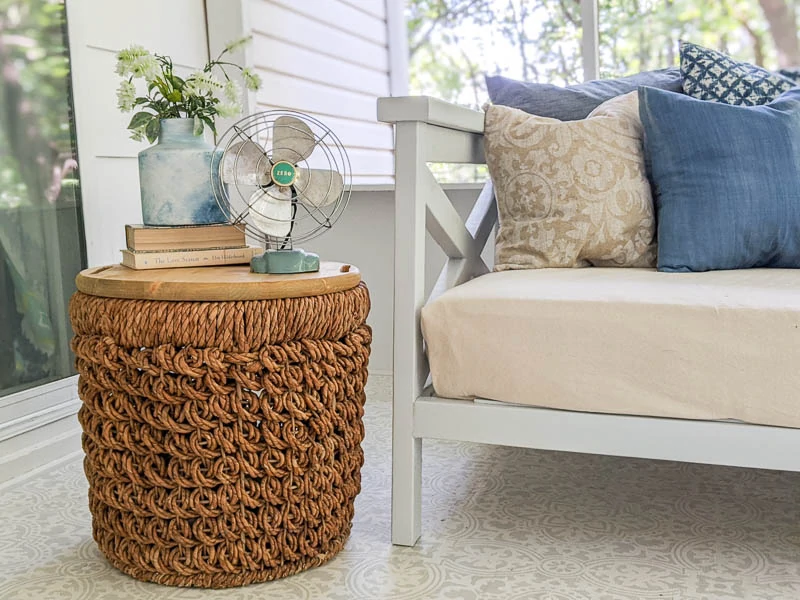 simple basket table made from a basket and a circular piece of wood