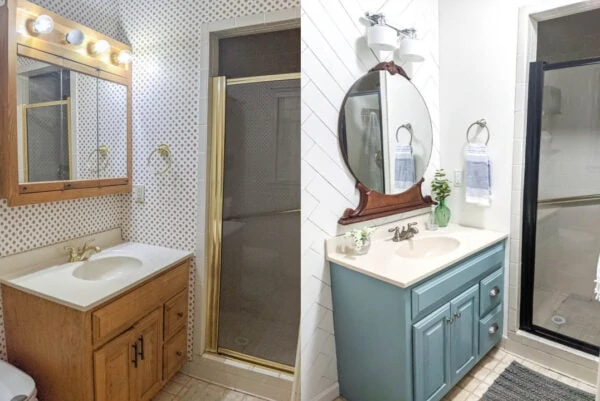 before of builder basic oak vanity and oversized medicine cabinet beside after of painted vanity and vintage mirror