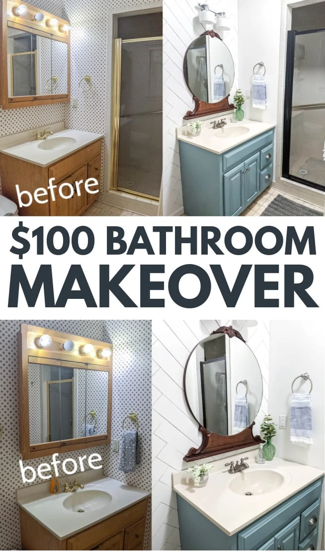 Collage of bathroom before and after photos with test saying $100 Bathroom Makeover.