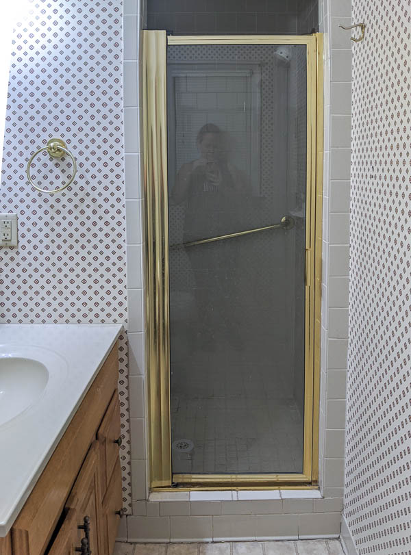 dated bathroom with tiny gold shower door frame and busy wallpaper