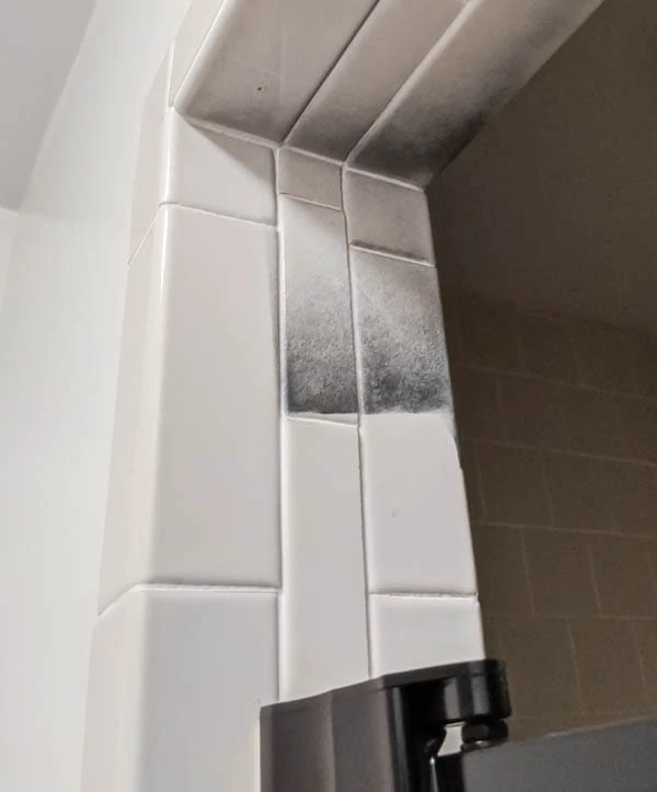 shower tiles with overspray from black spray paint