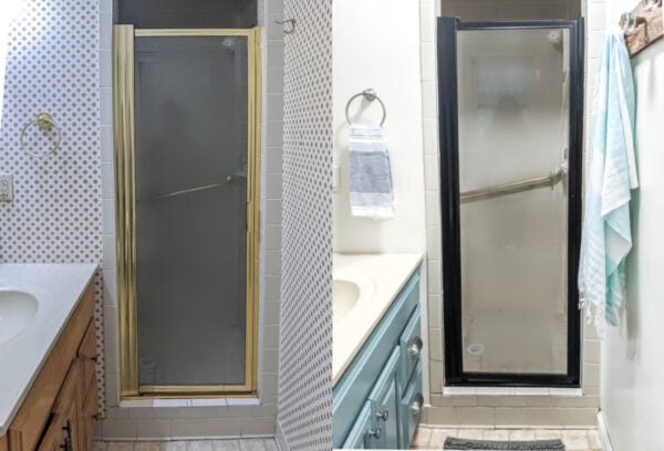 Before of shiny gold shower door and busy wallpaper next to after of black shower door and white walls