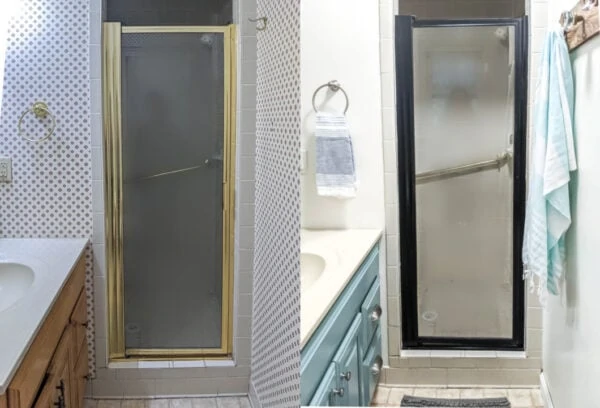 Before of shiny gold shower door and busy wallpaper next to after of black shower door and white walls