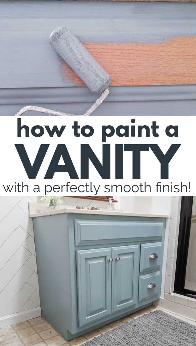 Collage of foam paint roller painting bathroom cabinet and the painted cabinet in light blue