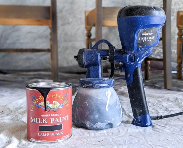 General Finishes milk paint in lamp black and homeright super finish max sprayer