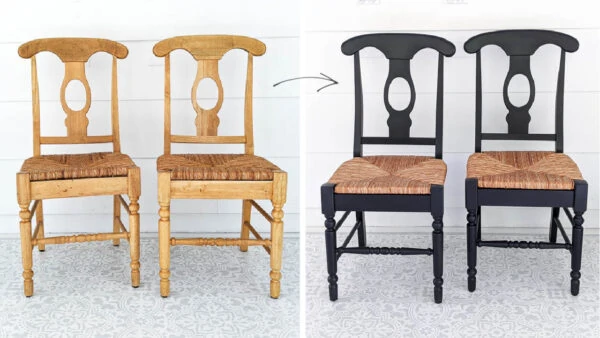 wooden chairs before and after black paint.