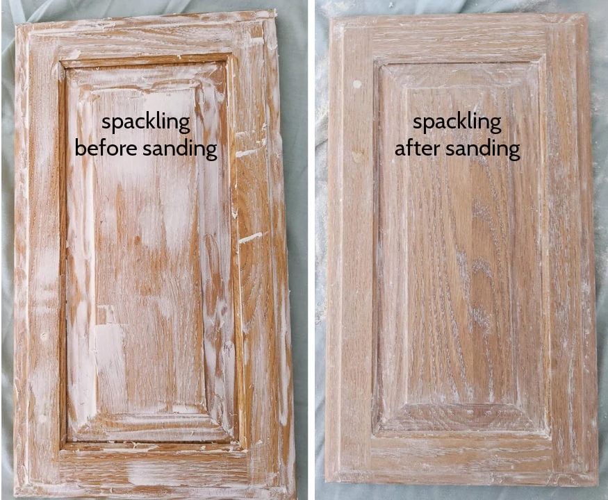 cabinet door with spackling and cabinet door with spackling after sanding