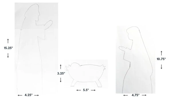 silhouettes of Joseph, Jesus, and Mary with measurements for diy wood nativity.