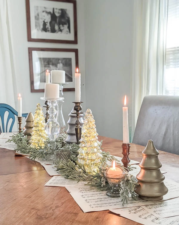 Thrifted Christmas centerpiece on dining table.