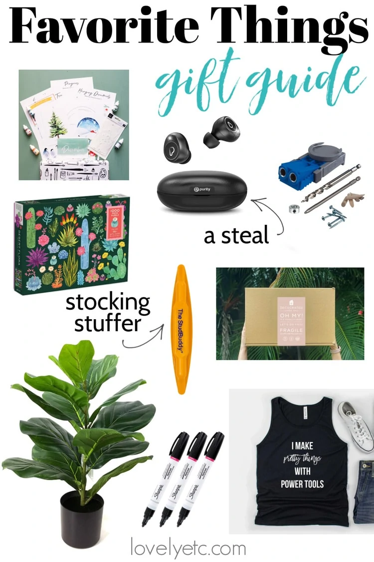 collage of favorite things from gift guide including watercolor subscription box, wireless earphones, kreg jig, stud buddy, and faux fiddle leaf fig.