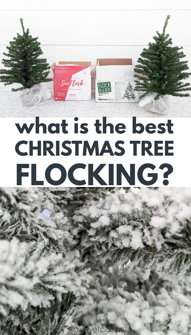 two mini trees next to two boxes of flocking powder and a close up of a DIY flocked Christmas tree with text: What is the best christmas tree flocking?