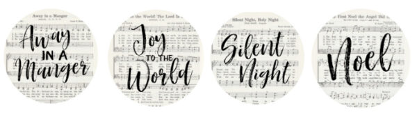 Christmas music ornament printables for the songs Away in a Manger, Joy to the World, Silent Night, and The First Noel.