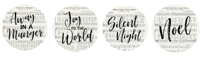 Christmas music ornament printables for the songs Away in a Manger, Joy to the World, Silent Night, and The First Noel.