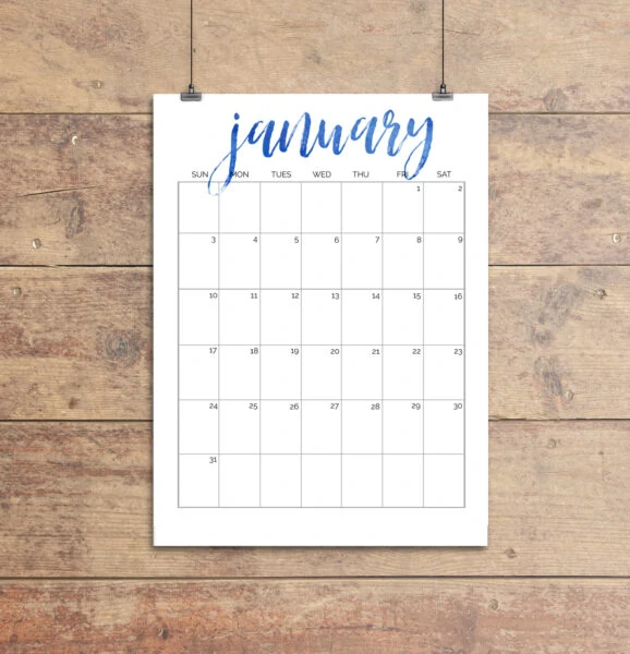 january 2021 calendar printable with blue script January title.