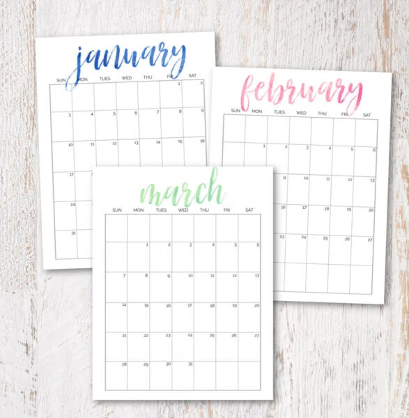 printable January, February, and March 2021 calendars. 