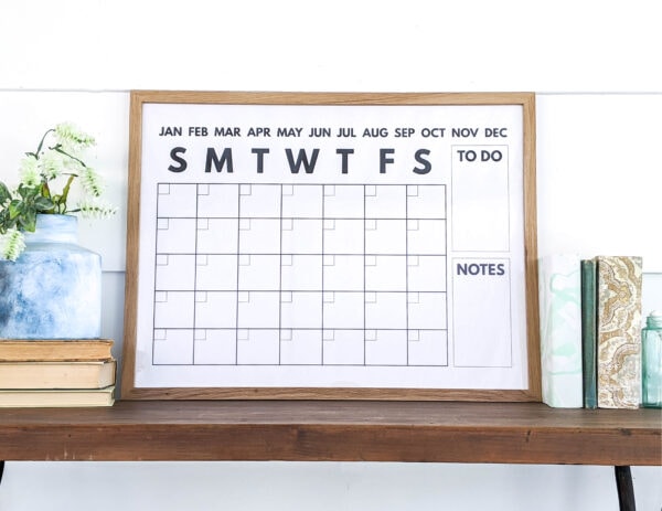 modern black and white dry erase calendar made from a free printable calendar.