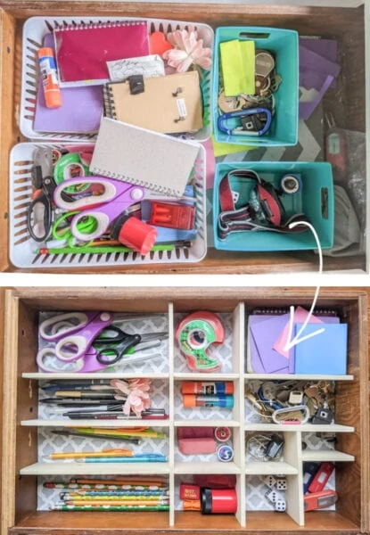 Before and after of junk drawer.