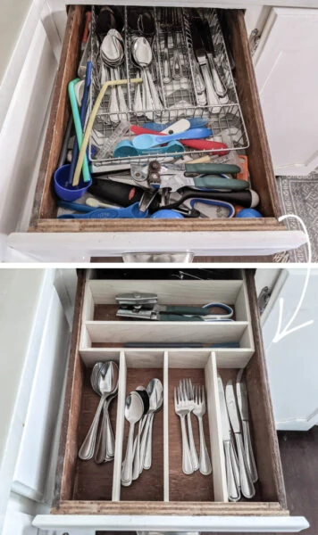 Silverware drawer before and after drawer organizer.