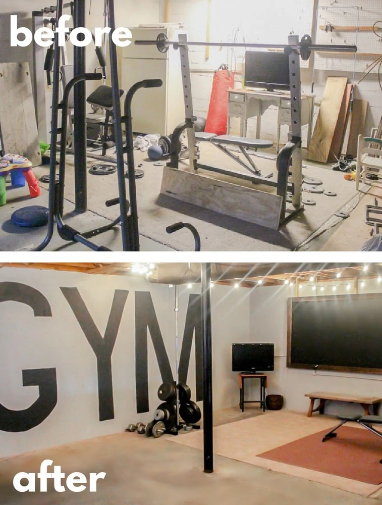 before and after collage of unfinished basement gym