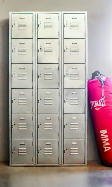 vintage lockers next to punching bag.