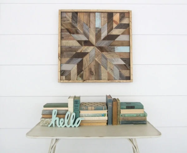 Wooden barn quilt made from scraps of reclaimed wood.