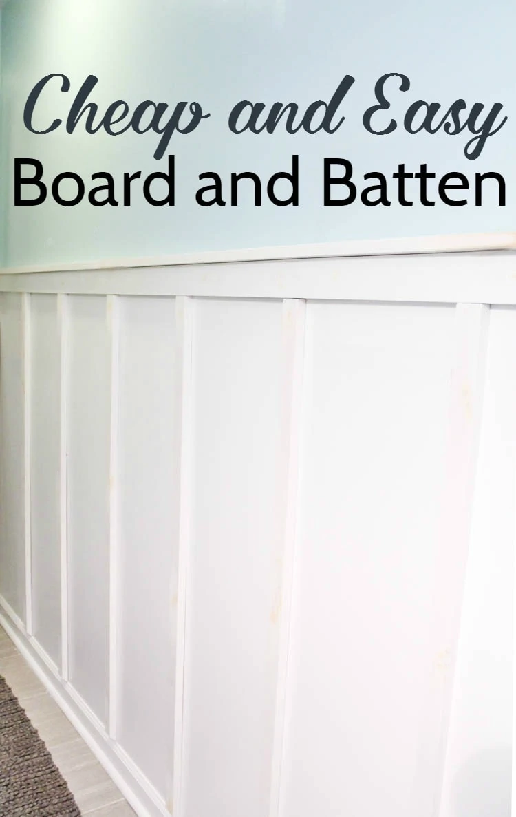 blue and white board and batten wall with text: cheap and easy board and batten.