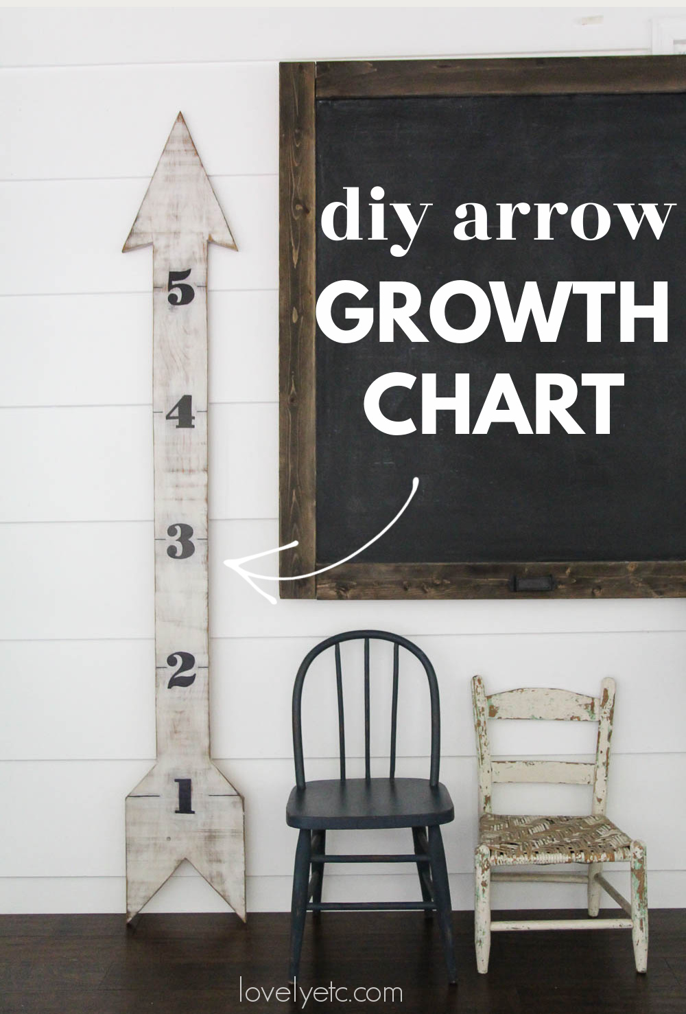 diy arrow growth chart next to large chalkboard.