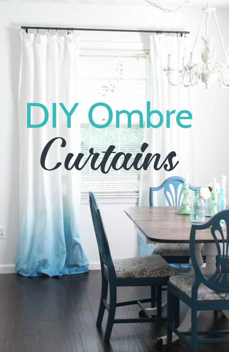 diy blue ombre curtains hanging in dining room.