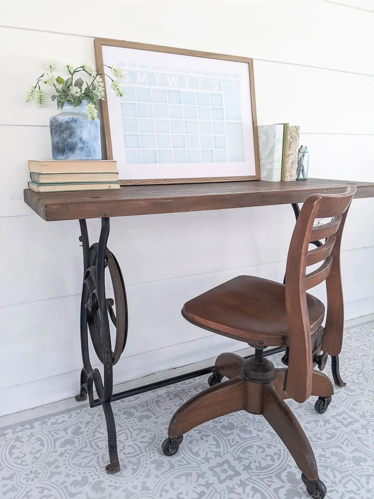 sewing machine table repurposed into a desk.