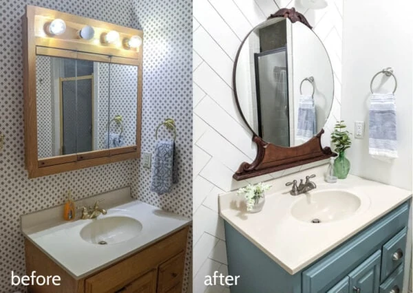 bathroom before with dated wallpaper, huge medicine cabinet, and vanity lights and bathroom after with antique mirror, wood plank wall, and painted vanity.
