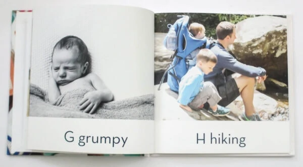 abc photo book with g for grumpy and h for hiking.
